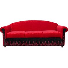 a red couch with black trim and flames on the back, sitting in front of a white background