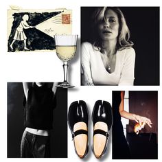 black and white collage with woman's shoes, wine glass, art work