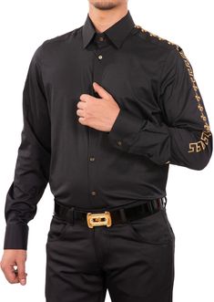 Gold "Fleur De lis" Metallic embroidery style brings an opulent look to a stretch-cotton shirt that's elegant on its own or layered under other pieces This black gold Mondo shirt adds elegance and mystery that is emblematic of Mondo's freedom, empowerment and individualism From boardroom meetings to happy hours this stretch-infused shirt makes polished style effortless. A new and versatile wardrobe staple, great for under the blazer for dinner, party and special occasion night Sharp tailoring st Metallic Embroidery, Polished Style, Happy Hours, Versatile Wardrobe, Embroidered Shirt, Sport Pants, Polished Look, Stretch Cotton, Black Cotton