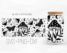 a glass jar with mushrooms and stars on it is shown next to the words svg png dxf