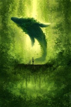 a man standing in the middle of a forest next to a giant green whale that is floating