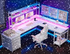 a computer desk with lights on it in the middle of a room filled with stars