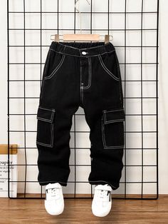 Young Boy Top-stitching Flap Pocket Side Cargo Jeans Black    Denim Plain Straight Leg Non-Stretch All Young Boys Clothing, size features are:Bust: ,Length: ,Sleeve Length: Black Jeans Cargo, Faded Black Jeans, Boys Denim, Jeans Cargo, Black Cargo, Boys Jeans, Cargo Jeans, Boys Top, Boys Clothing