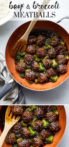 broccoli and meatballs are being cooked in a skillet