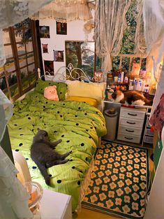 two cats laying on top of a green bed in a room with white walls and curtains