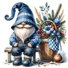 a painting of a gnome sitting on a bench next to a basket full of flowers