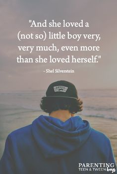 a person wearing a blue hoodie standing on the beach with a quote above it that says, and she loved a not so little boy very