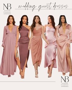 four women in different dresses standing next to each other with the caption nb wedding guest dresses