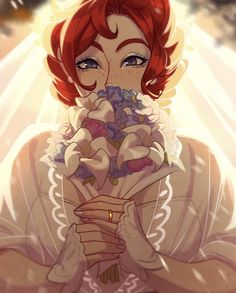 a woman with red hair holding flowers in her hands