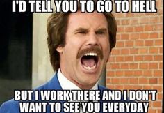 a man with his mouth open in front of a brick wall that says i'd tell you to go to hell but i work there and i don't want to see you everyday