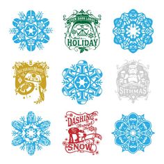 six different snowflakes with the words dashing around them in red, white and blue