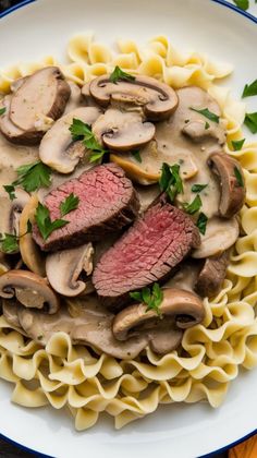 a white plate topped with meat and mushrooms