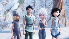 four animated people standing in the snow near some trees and bushes with snow falling on them