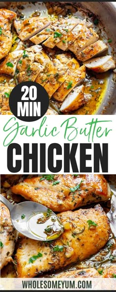 garlic butter chicken in a skillet with text overlay