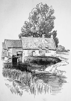 an ink drawing of a house next to a river