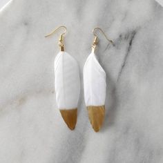 White Feather Tassel Earrings, Gold Dipped White Feather Earrings, Boho Earrings, Bohemian Earrings, White Feather Dangle Earrings, Adjustable White Feather Jewelry, Elegant White Feather Earrings, Gemstone Lariat Necklace, Gold Feather Earrings, Plastic Earrings, Gold Feathers, Duck Feather, White Feather