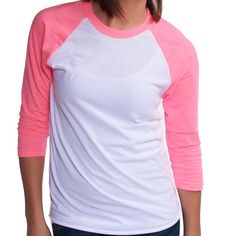 American Apparel - Unisex 50/50 Poly/Cotton Raglan Three-Quarter Sleeve Baseball T-Shirt Brand New Boutique Item * 3.7 Oz., 50% Combed Ring-Spun Cotton/ 50% Polyester * ¾” Neck Rib Binding * Raglan 3/4 Sleeves * 1” Double-Needle Sleeve Hem * Overlock Edge Bottom Hem * Double-Satin Razor Label White Half Sleeve Top For Spring, White Cotton T-shirt With 3/4 Sleeves, Casual Pink Raglan Sleeve Top, Casual Pink Top With Raglan Sleeves, White 3/4 Sleeve Summer Tops, Fitted Cotton T-shirt With 3/4 Sleeve, Casual White Shirt With 3/4 Sleeves, White Fitted Top With 3/4 Sleeves, Basic White Shirt For Spring