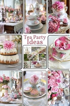 a collage of pink and white tea party decorations