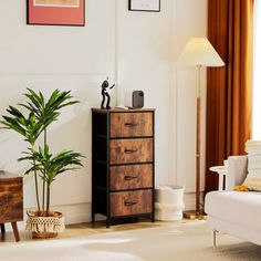 a living room filled with furniture and a potted plant on top of a dresser