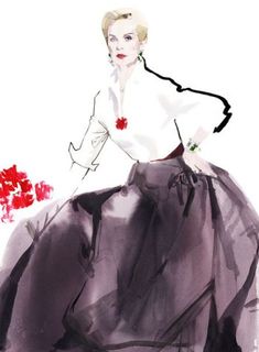 a watercolor and ink fashion illustration of a woman in a black dress with red flowers