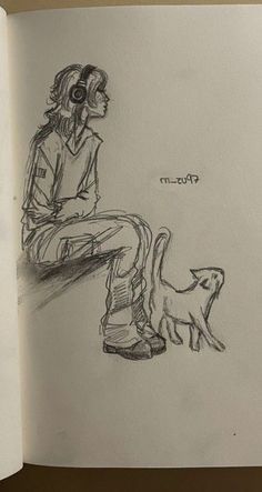 a drawing of a person sitting on a bench next to a cat and a dog