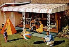 an advertisement for the beach ball company with people playing in the yard and on the lawn