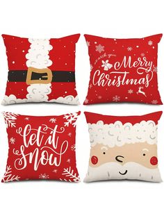 four christmas pillows with santa claus and snowflakes on the front, one in red