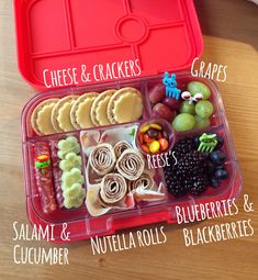 a red lunch box filled with different types of food and words describing what to put in it