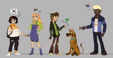 some cartoon characters standing next to each other with one dog and the other holding a cell phone