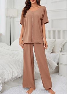 Color:Light Coffee;Size:S;Size:M;Size:L;Size:XL;Package Contents:1xLounge Top , 1 X Pants; Coffee Lounge, Pajama Suit, Lounge Top, Plain Tops, Refined Style, Bedtime Routine, Loungewear Sets, Ankle Length Pants, Dress For Short Women