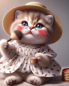 a cat in a dress and hat holding a brush