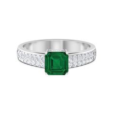 Asscher Cut Lab Grown Emerald Engagement Ring with Diamond Side Stones Lab Created Emerald - ( AAAA ) - Quality - Rosec Jewels Emerald Solitaire Ring, Lab Created Emerald, Ring With Diamond, Emerald Engagement, Asscher Cut, Ring Stand, 18k Yellow Gold Ring, Emerald Engagement Ring, Yellow Gold Rings