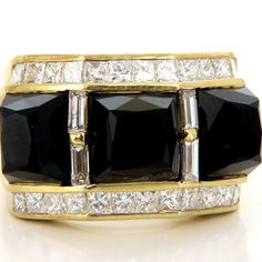 Onyx Dunes. Natural Jet Black Onyx & Diamonds Ring. Natural Round & Baguette Diamonds: 2.00ct. G-Color Vs-2 Clarity. 18kt. Yellow Gold 12.5 Grams Ring Current Size: 7.5 Ring: 14.7mm Wide $8,000 Appraisal Certificate To Accompany Aaa Quality Black Jewelry For Formal Occasions, Designer Black Diamond Jewelry, Designer Black Rings For Anniversary, Diamond Cluster Earrings, Baguette Diamonds, Diamonds Ring, Ruby Diamond, Onyx Stone, Baguette Diamond