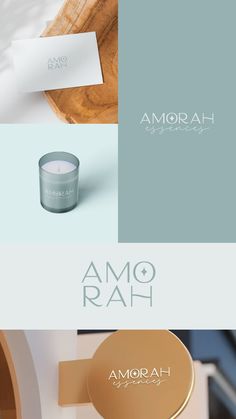 the logo for amorah cosmetics is shown in three different colors and font options