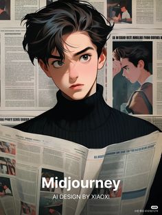 a young man reading a newspaper with the title midjowney al design by xoxi