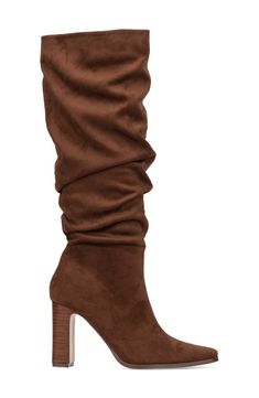 A slouchy shaft boot is outlined with a pointed toe and block heel for a classic look. 3.8" heel 21" shaft; 17.6" calf circumference Textile upper and lining/rubber sole Imported Fall Knee-high Boots With Padded Heel And Pointed Toe, Wide Calf Knee-high Boots With Padded Heel For Fall, Fall Knee-high Boots With Padded Heel, Brown Mid-calf Boots With Sculpted Heel For Fall, Brown Tall Heeled Boots With Pointed Toe, Brown High Shaft Heeled Boots For Wide Calves, Brown High Shaft Heeled Boots For Fall, Tall Brown Boots With Pointed Toe, Fall Heeled Boots With Reinforced Heel And High Shaft