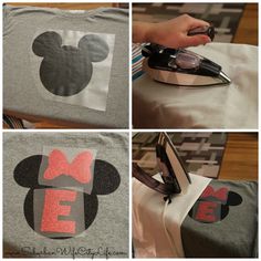 four pictures of mickey mouse t - shirts with ironing board and iron on them