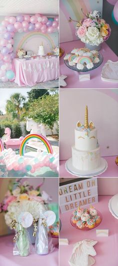 a collage of photos with unicorns, cakes and balloons on it's sides