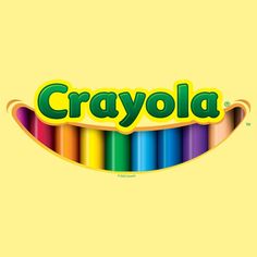 the logo for crayola is shown on a yellow background with colored crayols