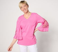 In the mood for some extra attention? Look what Kim Gravel's got up her sleeve -- this statement-making lace detail and ruffle-sleeved top. Take on the day with a head-turning look. From Belle by Kim Gravel. Spring Pink Tops With Lace Sleeves, Pink Lace Sleeve Top For Spring, Spring Lace Top With Ruffle Sleeves, Spring Cotton Top With Lace Sleeves, Spring Cotton Tops With Lace Sleeves, Spring Stretch Tops With Lace Cuffs, Spring Lace Top With Bell Sleeves, Spring Bell Sleeve Lace Top, Making Lace