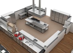 an aerial view of a kitchen and living room in the same house, with stainless steel appliances