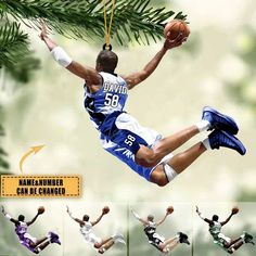 a basketball ornament hanging from a christmas tree with multiple images of the player