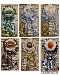 four pictures of different ribbons and footballs on the front of each ribbon, one with an ornament