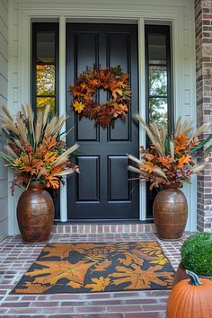 two large vases filled with plants sit on the front porch next to a door