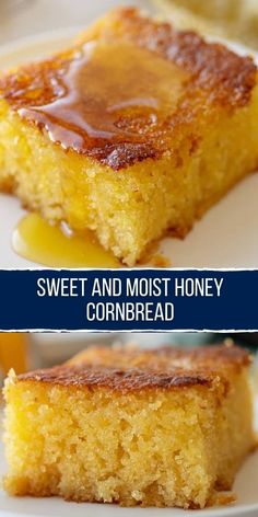 two pictures of sweet and moist honey cornbreads on a white plate with the words, sweet and moist honey cornbread