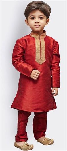 Red and Maroon color Boys Kurta Pyjama in Art Dupion Silk fabric with Border work : 1781050 Red Kurta For Puja And Eid, Red Kurta For Puja And Eid Festivities, Red Salwar Kameez With Dabka For Puja, Red Long Sleeve Churidar With Dabka, Red Churidar For Navratri, Red Kurta With Pallu For Diwali, Red Long Sleeve Churidar For Navratri, Red Churidar With Pallu For Puja, Red Dabka Sets For Festivals