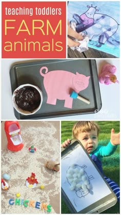 the cover of teaching toddlers farm animals with pictures of farm animals and their food