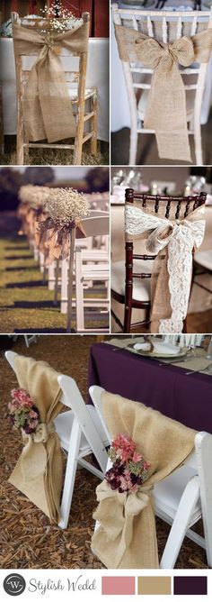 wedding chairs with burlocks and bows tied to them are shown in different colors