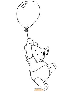 winnie the pooh flying with a balloon in her hand coloring pages for kids, printable