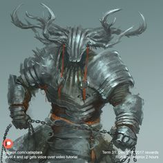 an animated character in armor with horns and chains